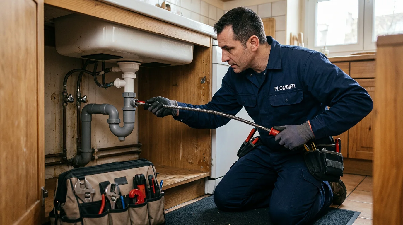 Technicien inspectant une canalisation bouchée sous un évier avec un furet