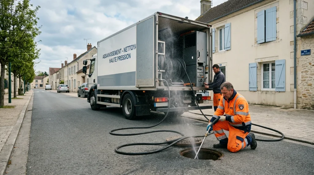 Camion hydrocureur réalisant un débouchage à haute pression en ville