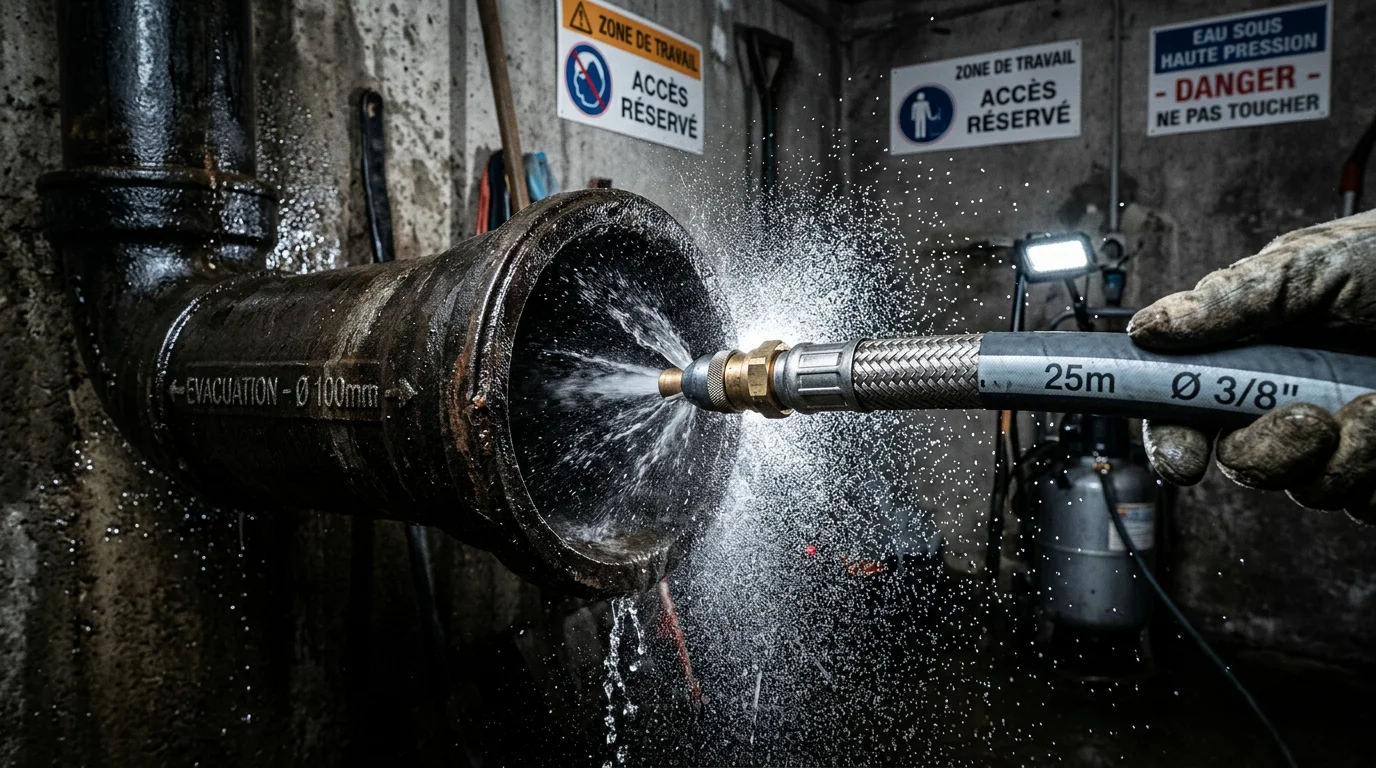 Buse de débouchage haute pression insérée dans une canalisation