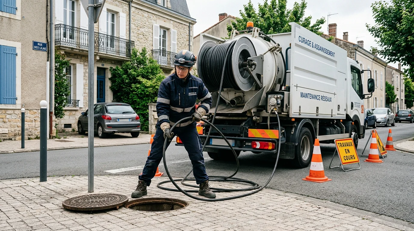 Technicien réalisant un hydrocurage haute pression devant un regard d'assainissement