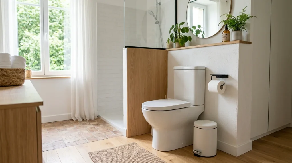 Toilettes blanches modernes et propres avec une poubelle à côté de la cuvette