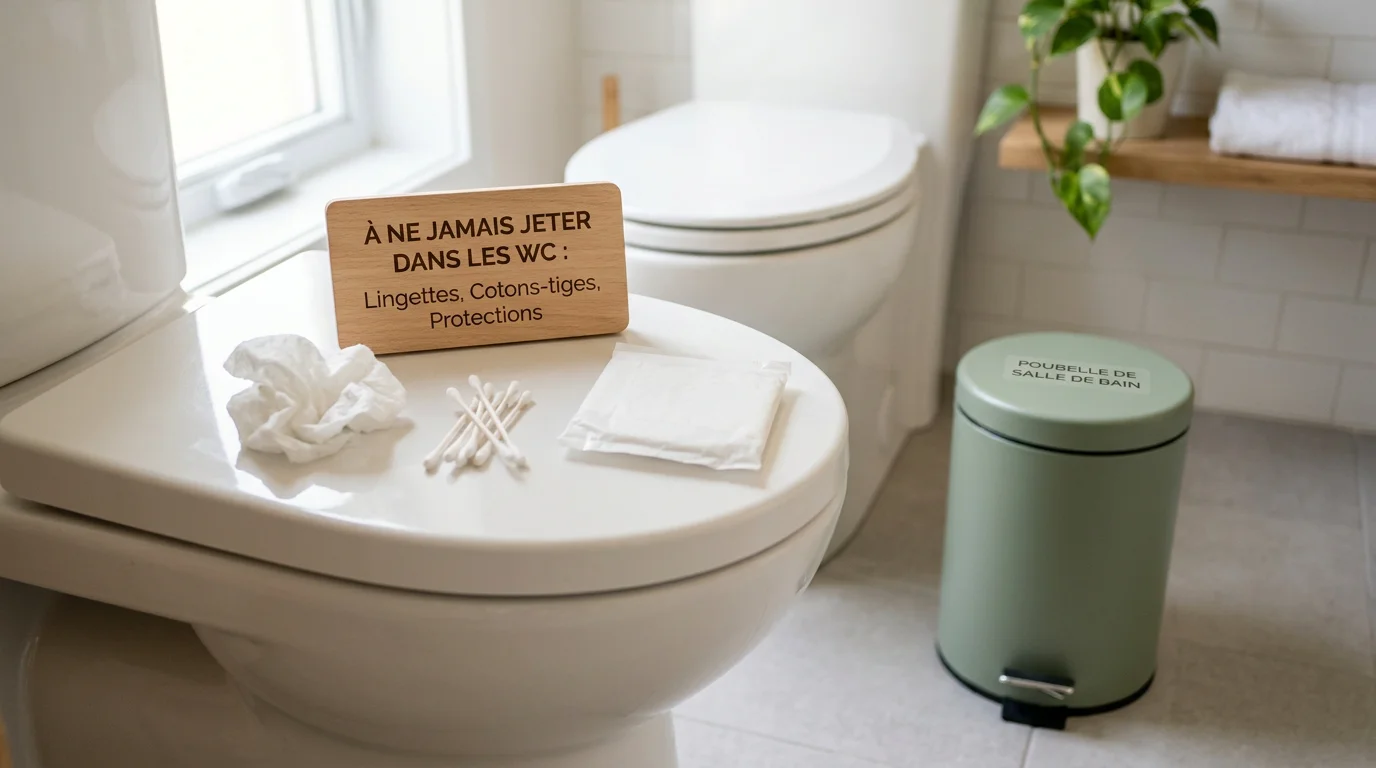 Objets à ne pas jeter dans les WC posés près d'une poubelle
