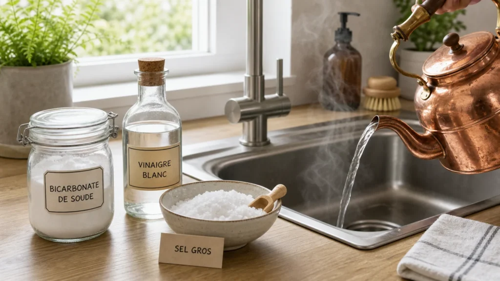 Ingrédients naturels pour déboucher une canalisation posés sur un plan de travail
