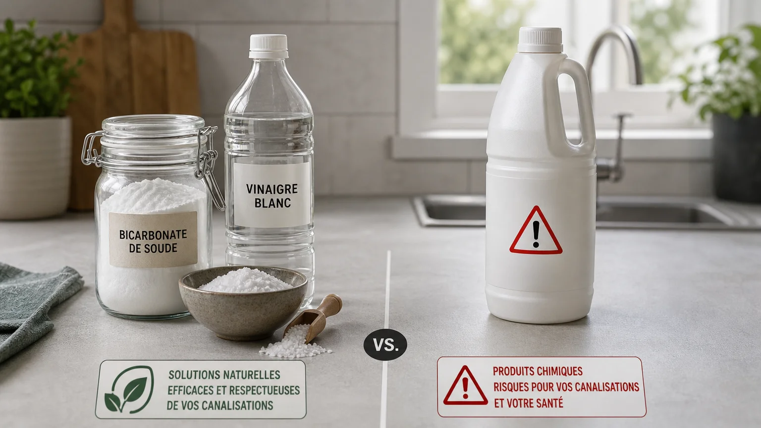 Comparaison entre ingrédients naturels et produit chimique déboucheur