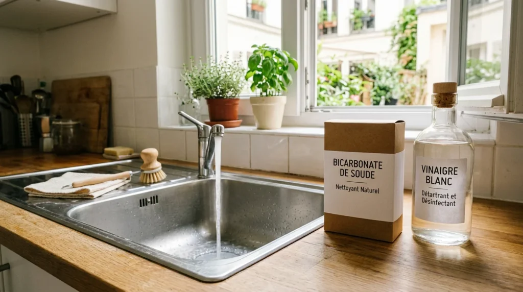 Évier de cuisine avec eau qui s'écoule et produits naturels de débouchage à côté