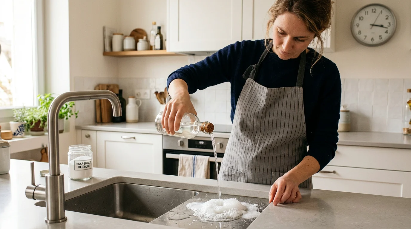 Réaction effervescente entre bicarbonate et vinaigre blanc versés dans un évier