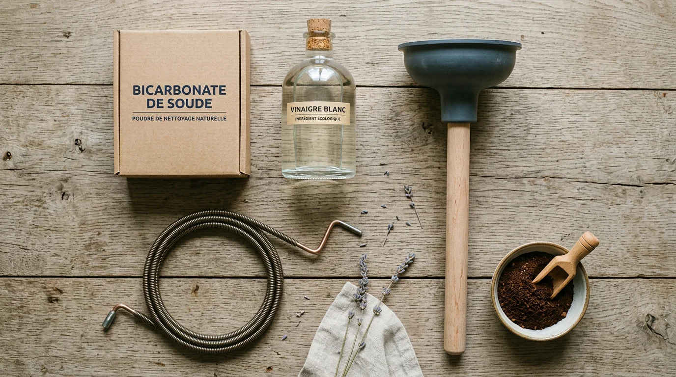 Ingrédients et outils naturels pour déboucher une canalisation disposés à plat
