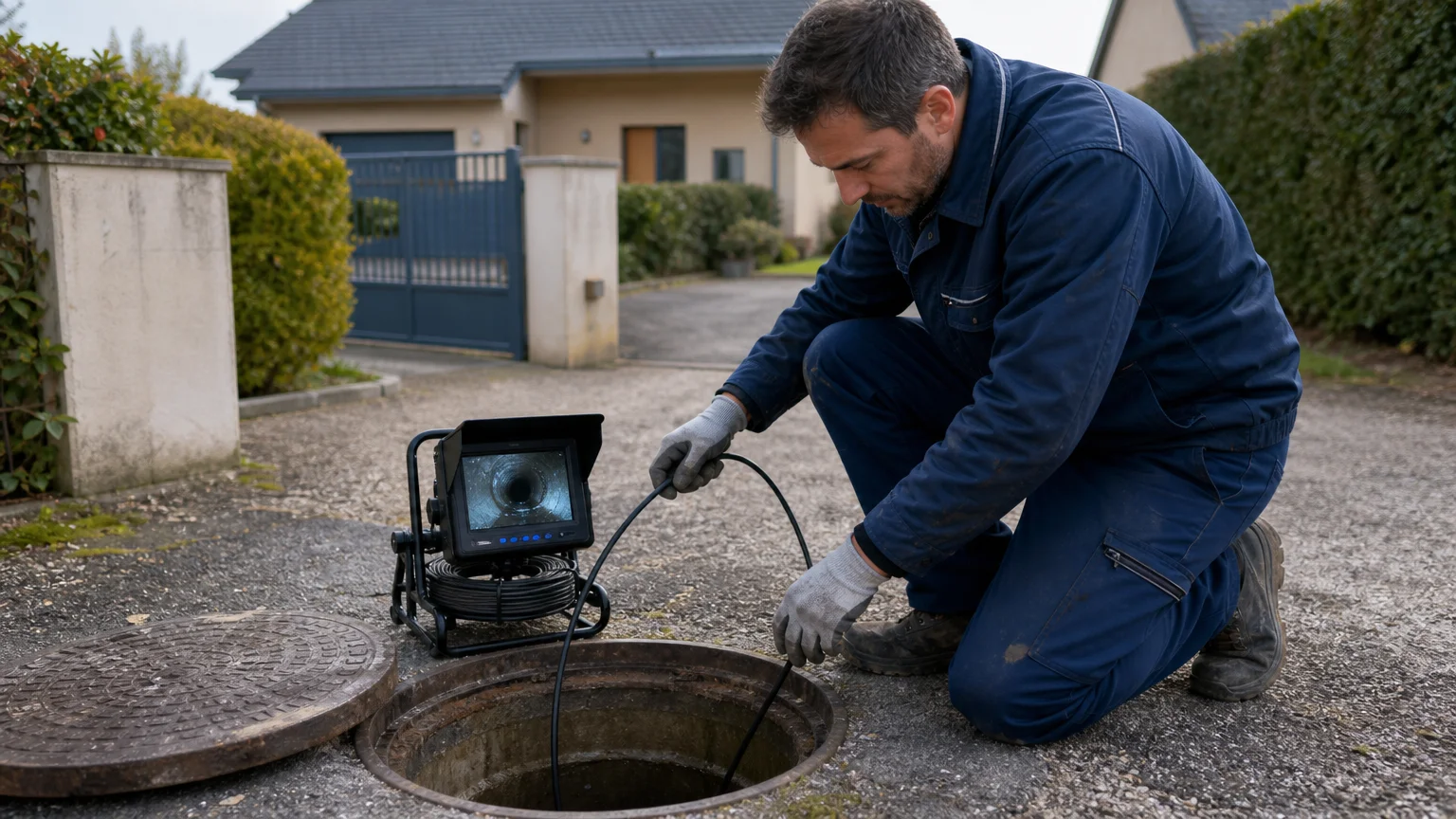 Technicien inspectant une canalisation avec une caméra