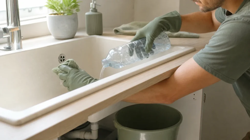 Geste pratique pour déboucher un évier avec une bouteille en plastique