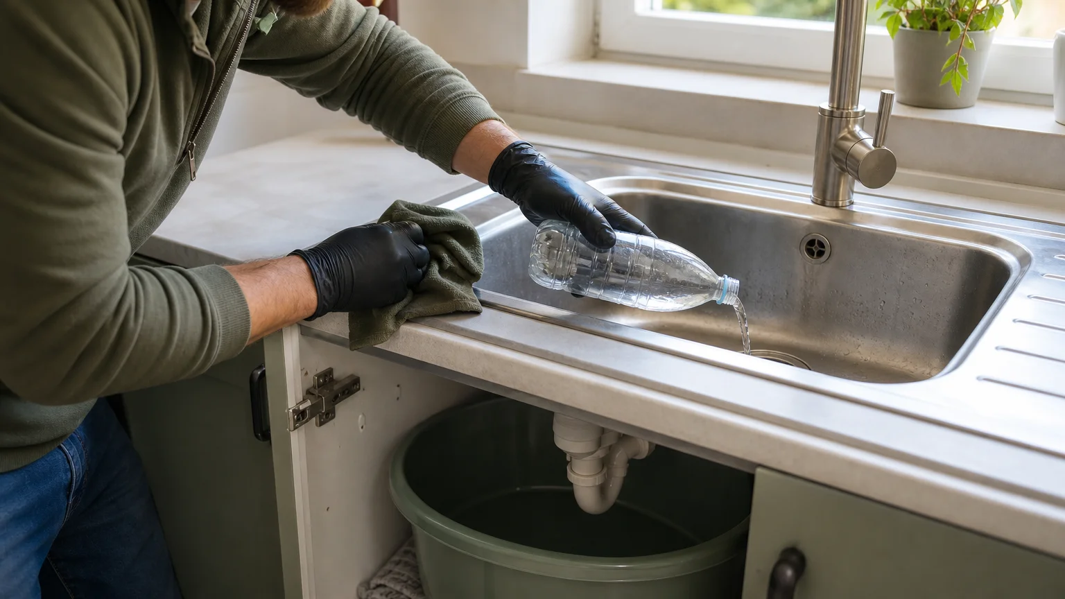Geste pratique pour déboucher un évier avec une bouteille en plastique