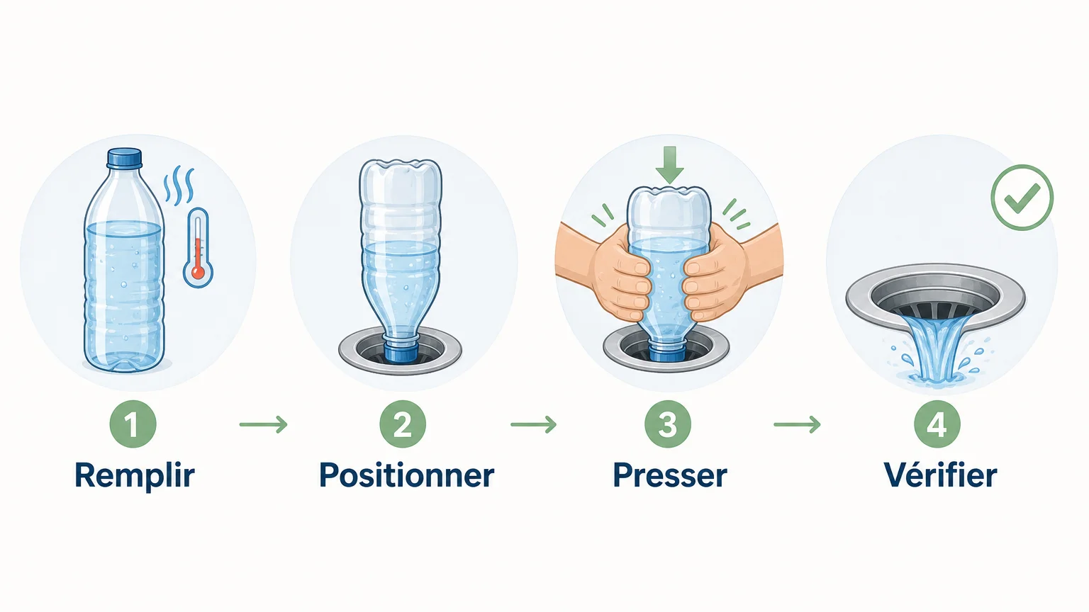 Checklist des étapes pour utiliser une bouteille contre un bouchon de canalisation