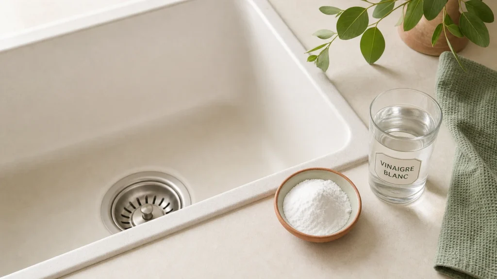 Bicarbonate et vinaigre pour entretenir une canalisation