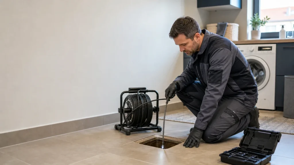 Technicien professionnel intervenant sur une canalisation bouchée dans un logement à Metz