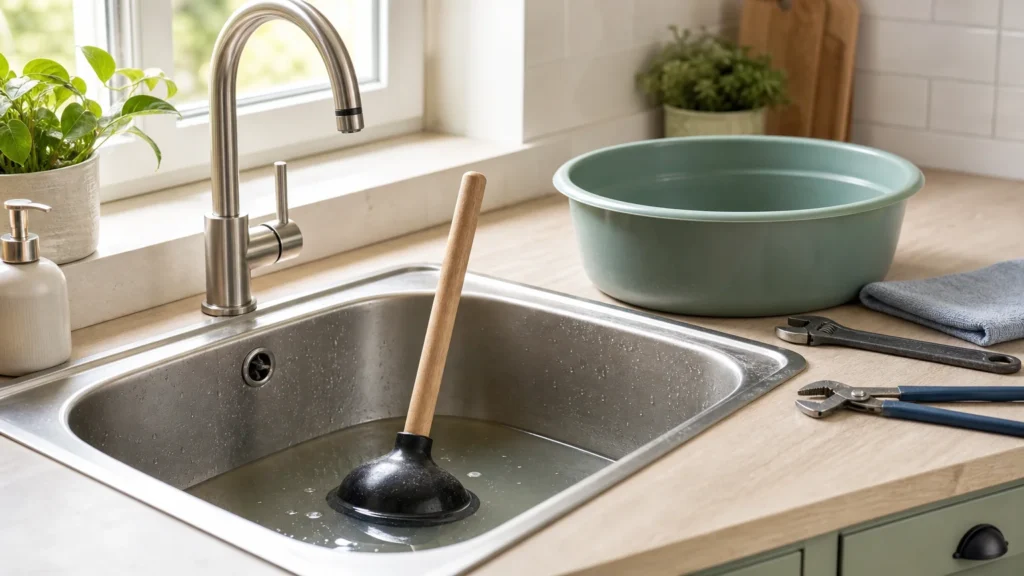 Évier bouché et outils pour le déboucher sans produit