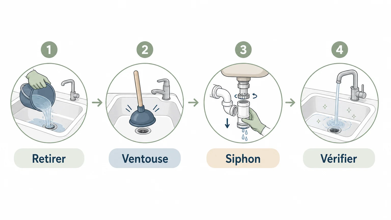 Checklist des étapes pour déboucher un évier sans produit chimique