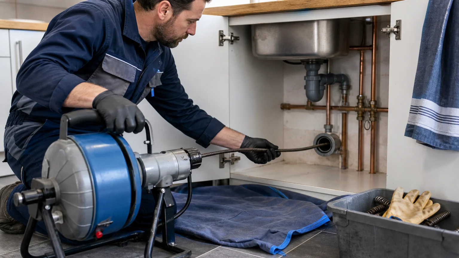 Technicien utilisant un furet mécanique pour déboucher une canalisation