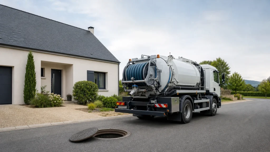 Camion hydrocureur intervenant devant une habitation