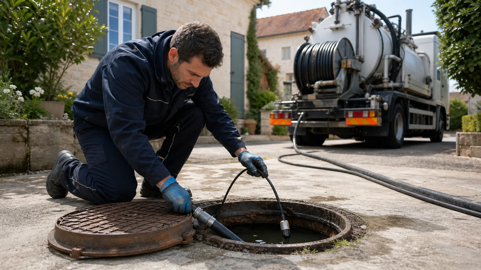 Technicien inspectant une canalisation avec une caméra et un équipement haute pression