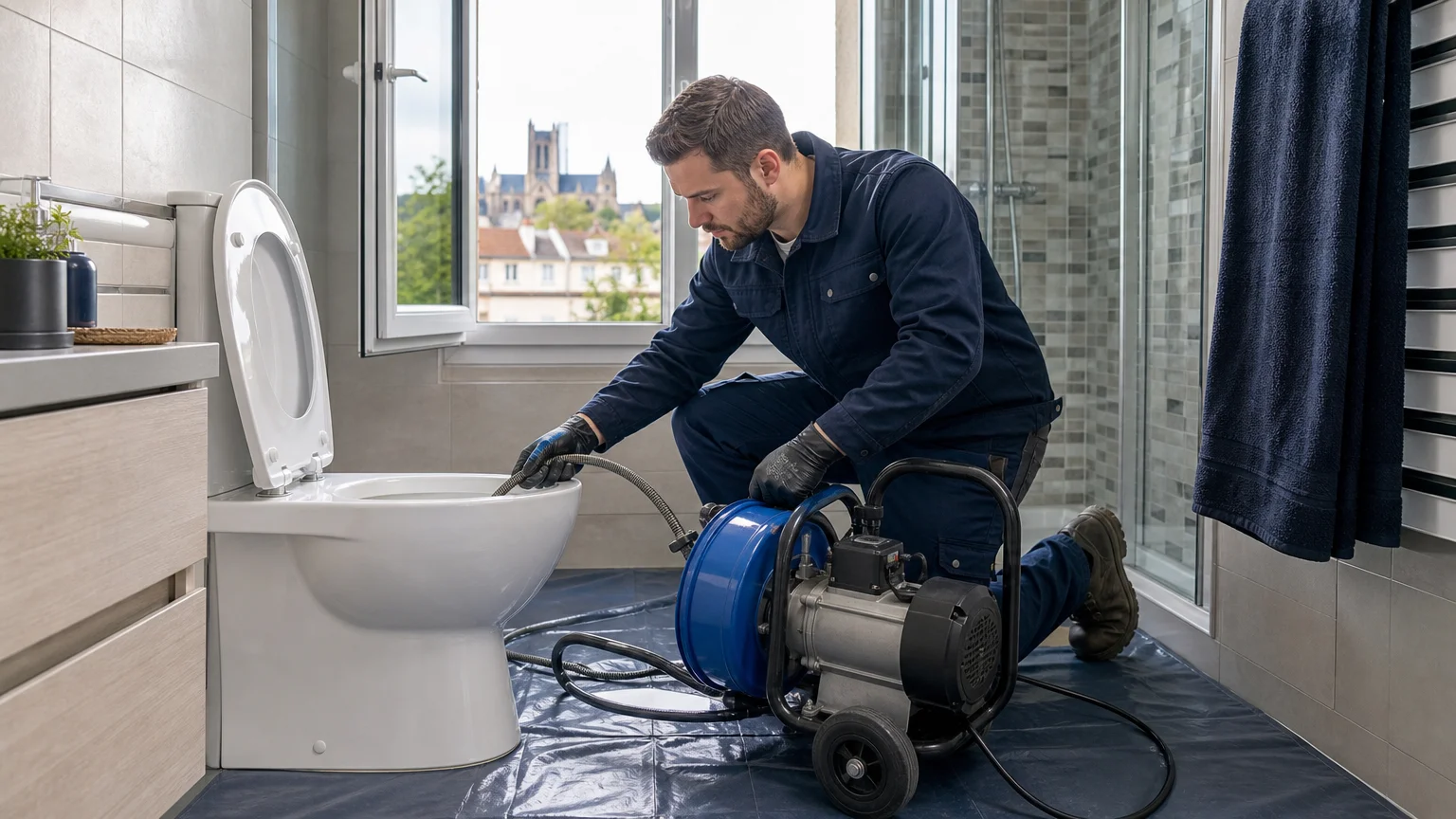 Technicien inspectant une canalisation de WC à Metz