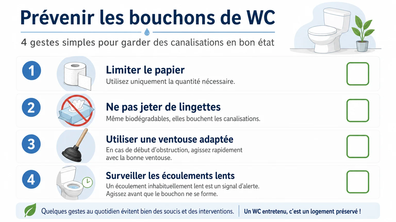 Checklist pour éviter les bouchons de WC