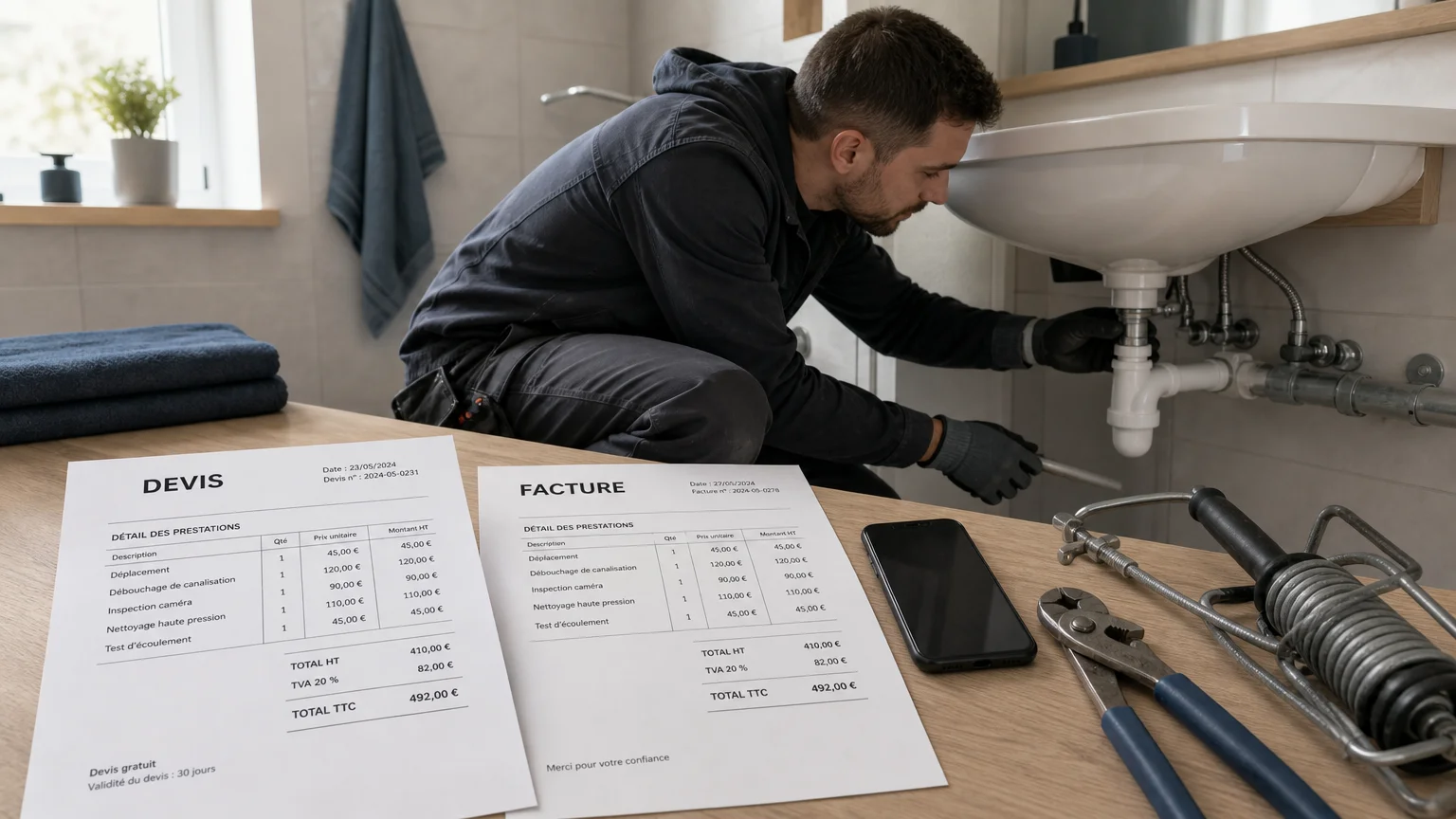 Devis et facture vérifiés avant une intervention de débouchage