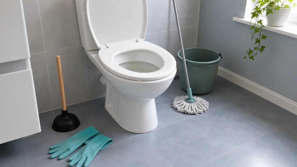Salle de bains avec matériel pour déboucher un WC