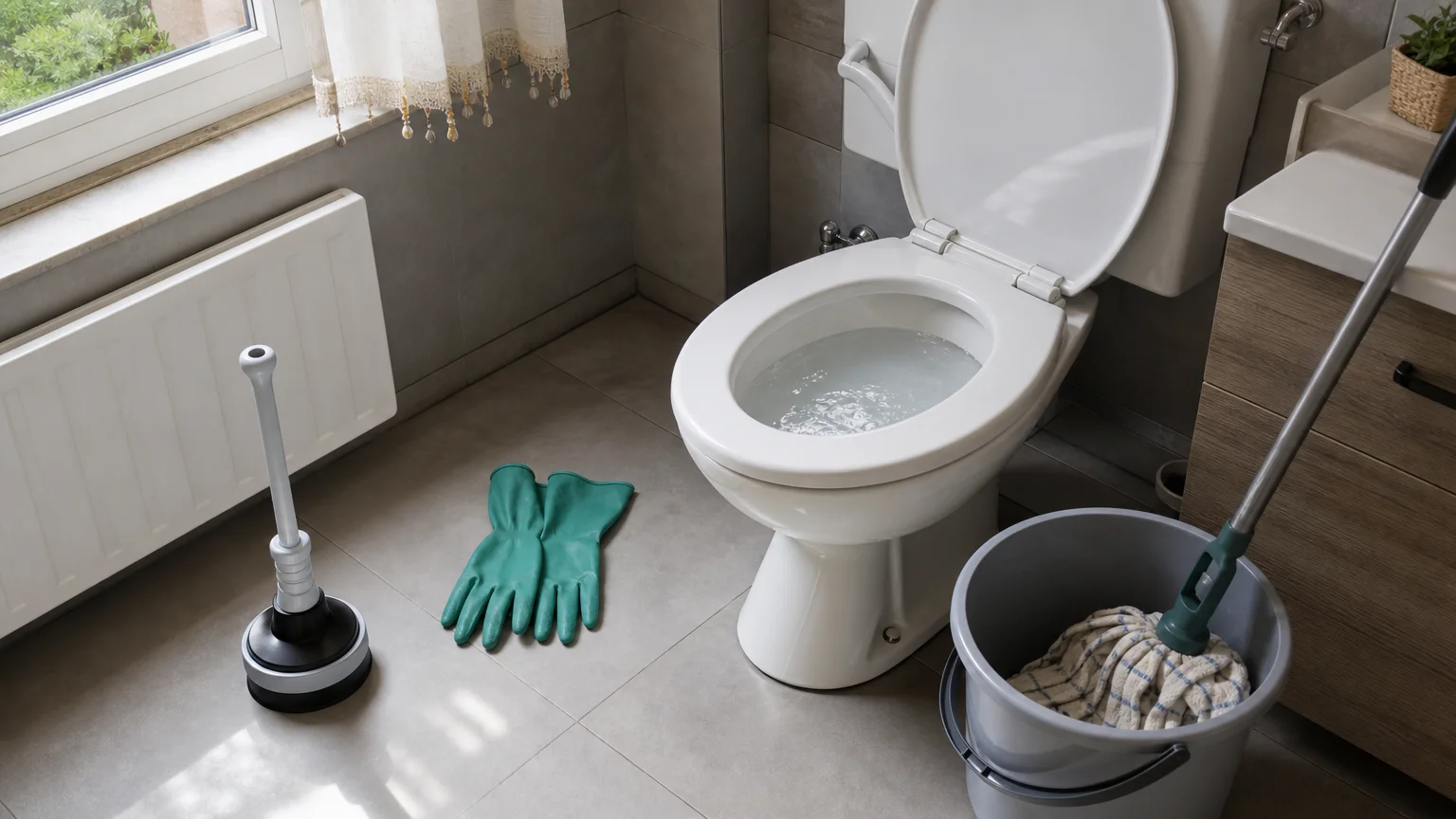 Salle de bains préparée pour un débouchage de WC en sécurité