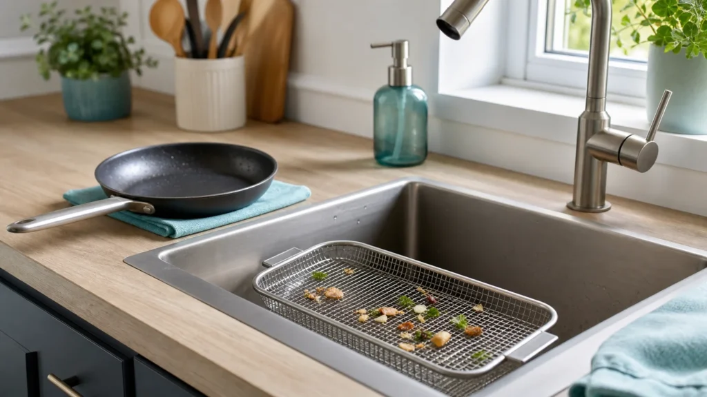 Évier de cuisine équipé d’une grille de bonde pour retenir les résidus