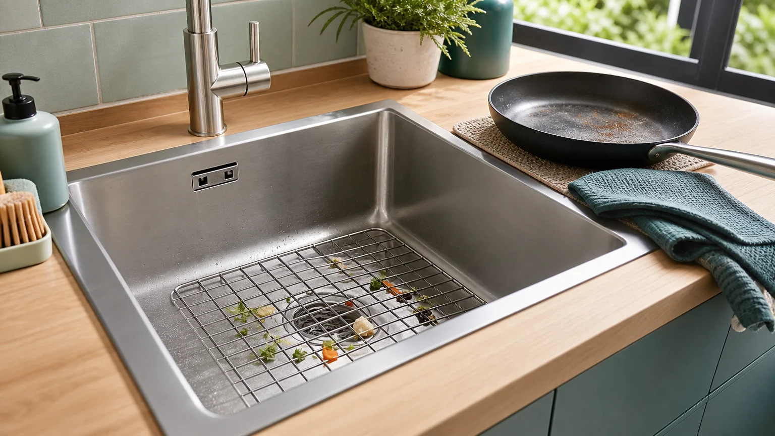 Grille de bonde et gestes préventifs dans un évier de cuisine