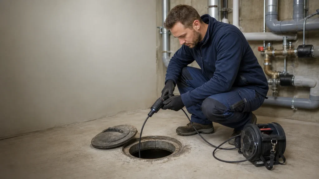 Technicien inspectant une canalisation dans un local technique à Metz