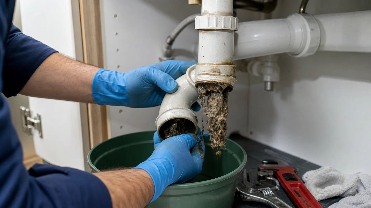 Nettoyage d’un siphon pour prévenir un bouchon de canalisation