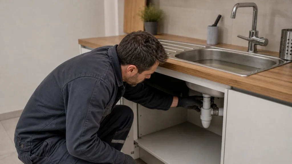 Évier de cuisine bouché dans un logement à Metz, avec un professionnel évaluant l’évacuation.