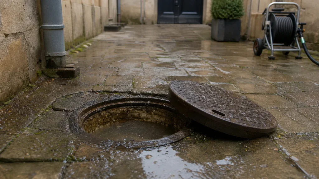 Regard extérieur bouché dans une cour urbaine à Metz