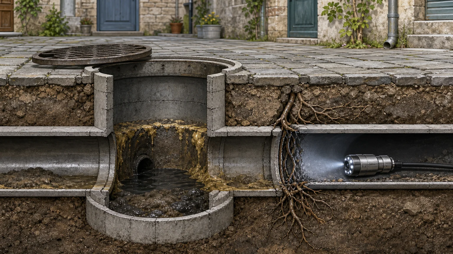 Coupe technique d’une canalisation extérieure obstruée par des dépôts et des racines