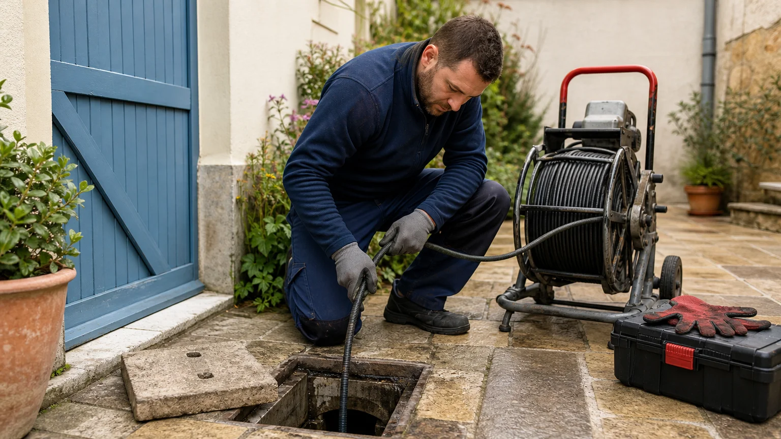 Technicien intervenant sur un regard de canalisation accessible