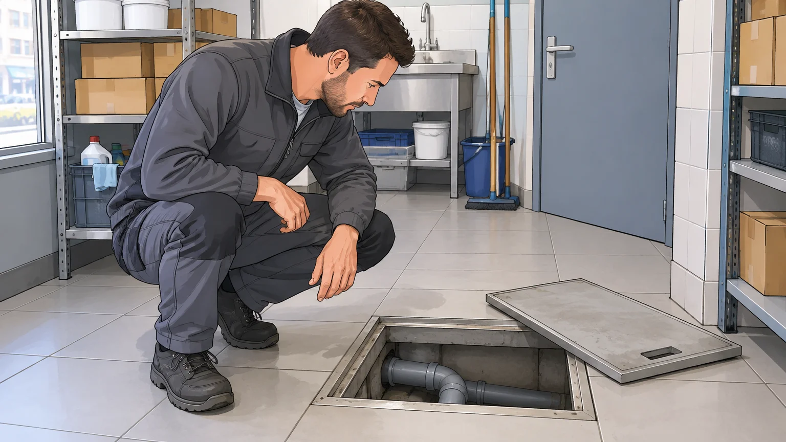 Technicien examinant une canalisation dans un local professionnel à Metz