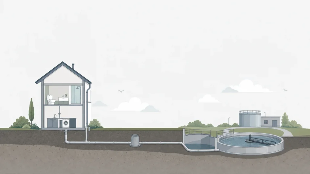 Illustration éditoriale du réseau d’assainissement reliant une habitation à une installation de traitement