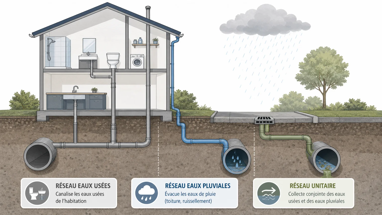 Schéma éditorial des circuits d’eaux usées et d’eaux pluviales reliés à une habitation